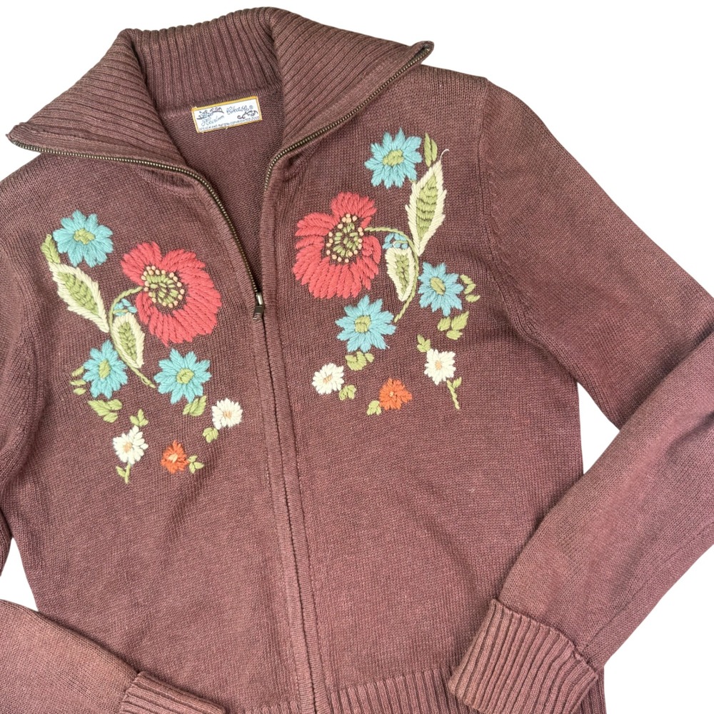 VTG Y2K Brown Floral Sweater Cardigan M Cottagecore Embroidered Grannycore Fall